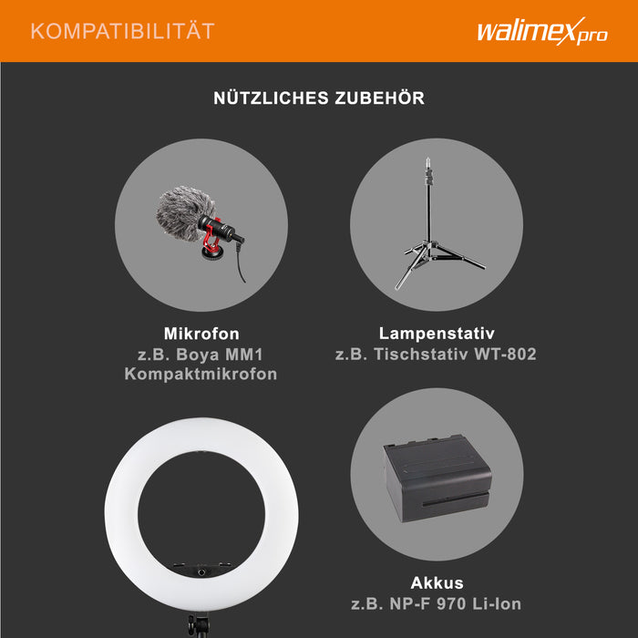 Medow 960 Pro Set di luci anulari a LED con treppiede e batterie NP-F, luce anulare bicolore, luce video dimmerabile con telecomando 96 W, treppiede per lampada con ammortizzazione a molla