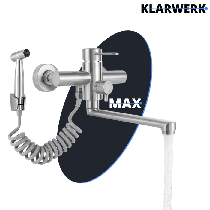 MASSIMO | Miscelatore Catering a parete Argento|Rubinetto cucina professionale in acciaio inox con doccetta|Beccuccio piatto da parete per ristorante