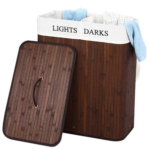 Cesto Biancheria Sporca 2Scomparti Bambù Pieghevole Portabiancheria Naturale 100lt