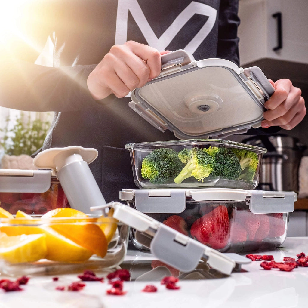 Contenitori sottovuoto in vetro KADAX per alimenti, adatti a frigorifero e microonde, con pompa, confezione da 4 pezzi.