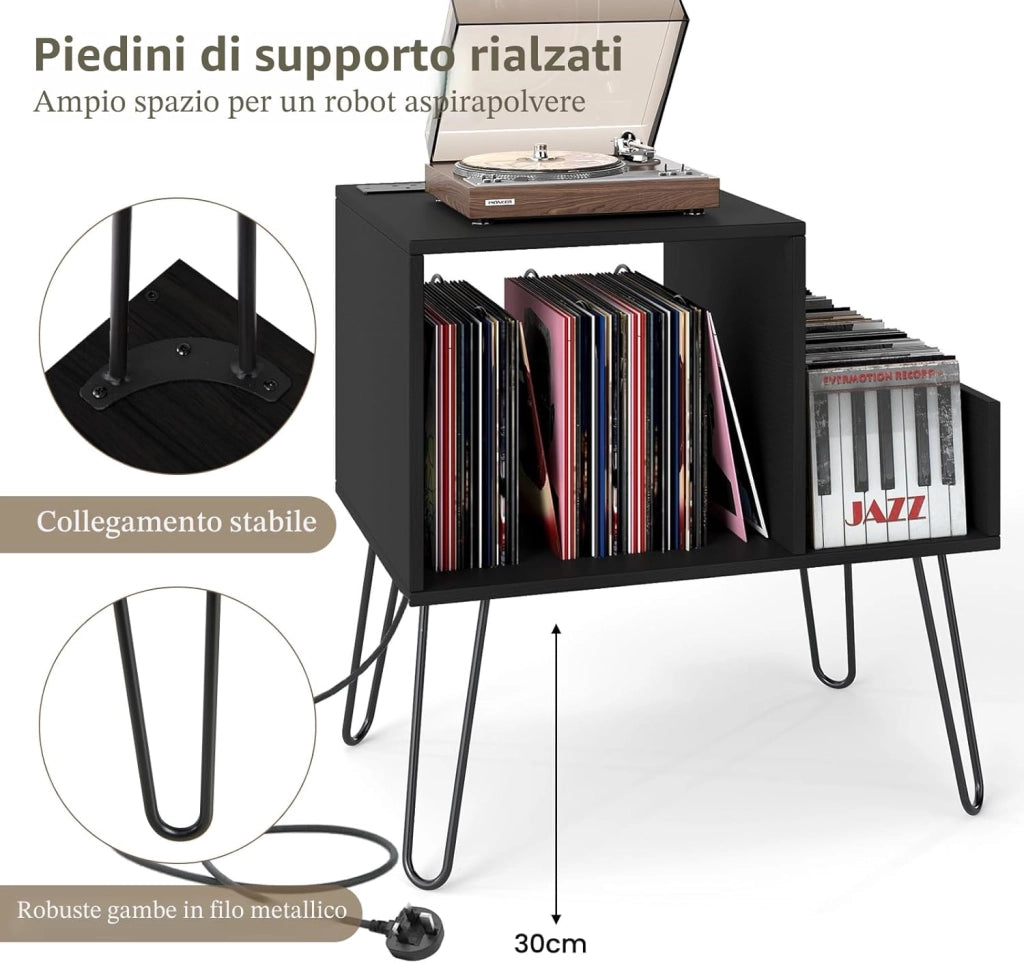 Supporto per Giradischi con Stazione di Ricarica, Porta Dischi Vinile Vintege con Pareti Divisorie e Ripiano Laterale, Espositore per Dischi in Vinile Fino a 145 Album, 66x45x67cm (Nero)
