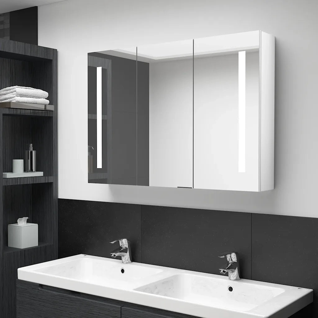 Armadietto Bagno | Armadio da bagno con Specchio e LED Bianco Lucido 89x14x62 cm
