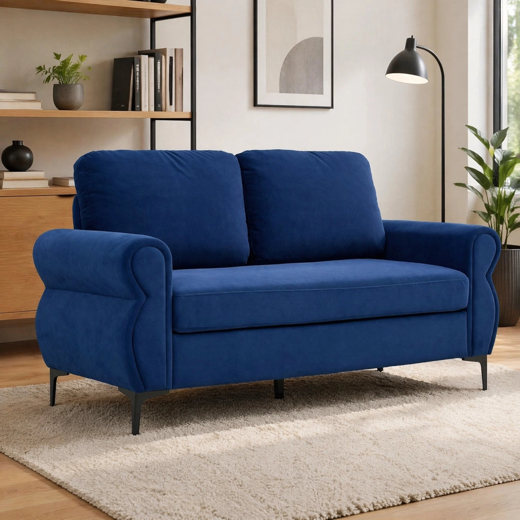 Divano lineare 3 posti con seduta ergonomica e braccioli, in tessuto, metallo e schiuma, Blu 173,5 cm