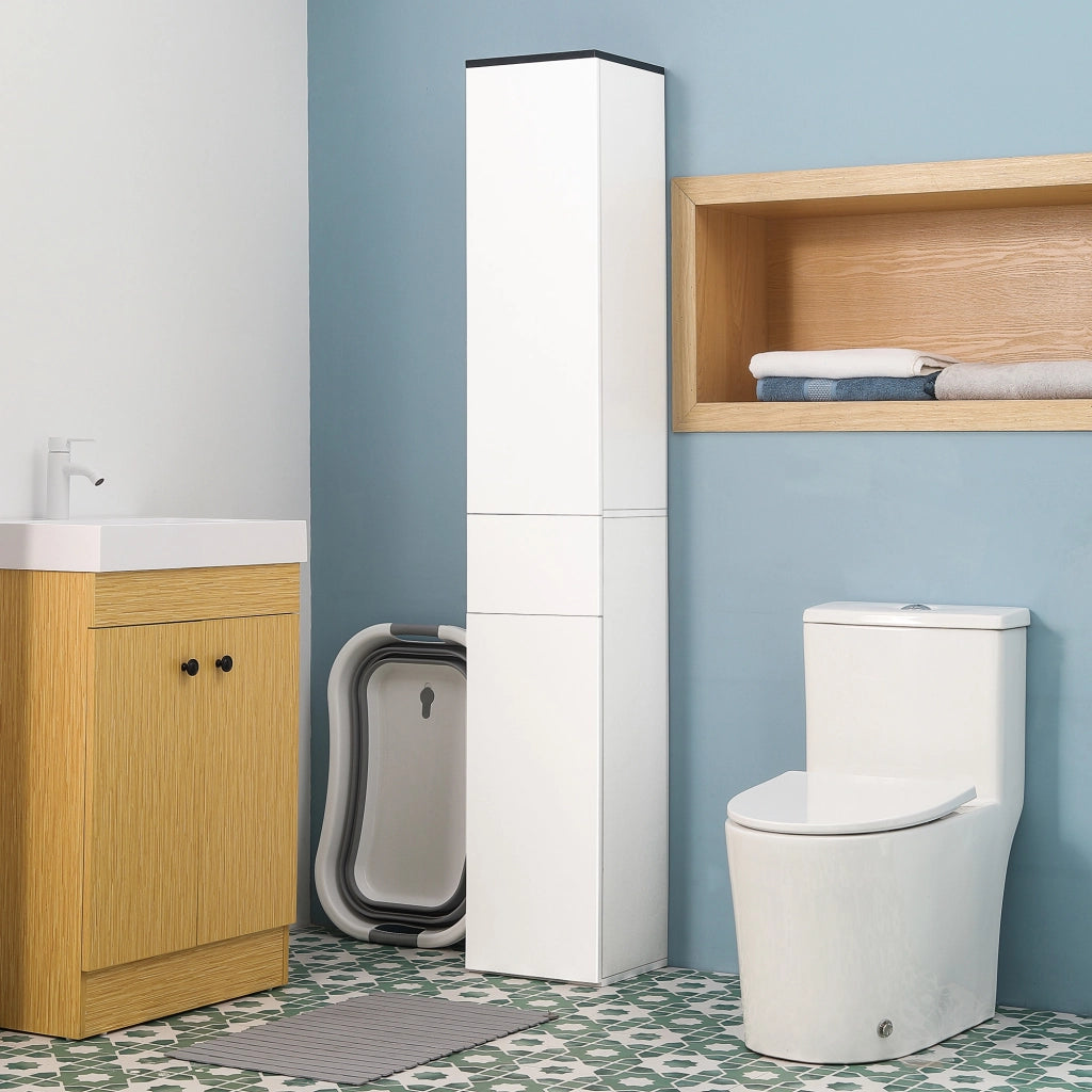 Mobile Bagno con Ripiano Regolabile, 2 Ripiani Chiusi e un Cassetto in Legno, 30x28x180 cm, Bianco