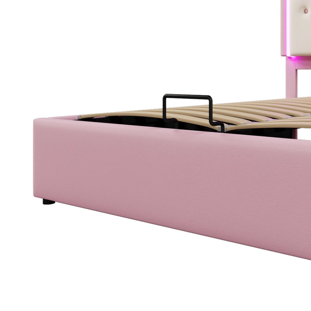 Letto per bambini rosa 140x200 cm con testiera a corona, LED e vano idraulico