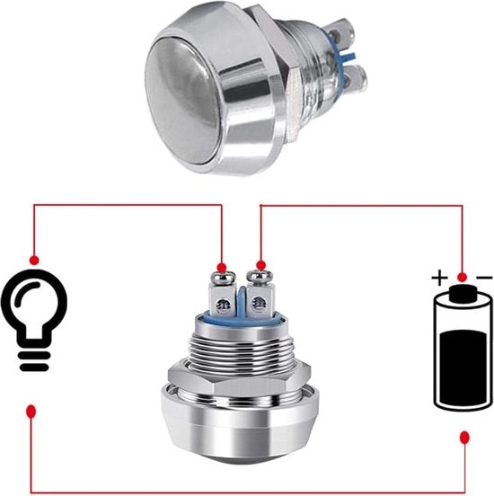 10 Stck Premium 12mm Drukknop Schakelaar, 2 Pin Schroef Terminal IP65 Acqua Resistente Drukknop Start Schakelaar, Drukknop con Testa Rotonda (Argento)