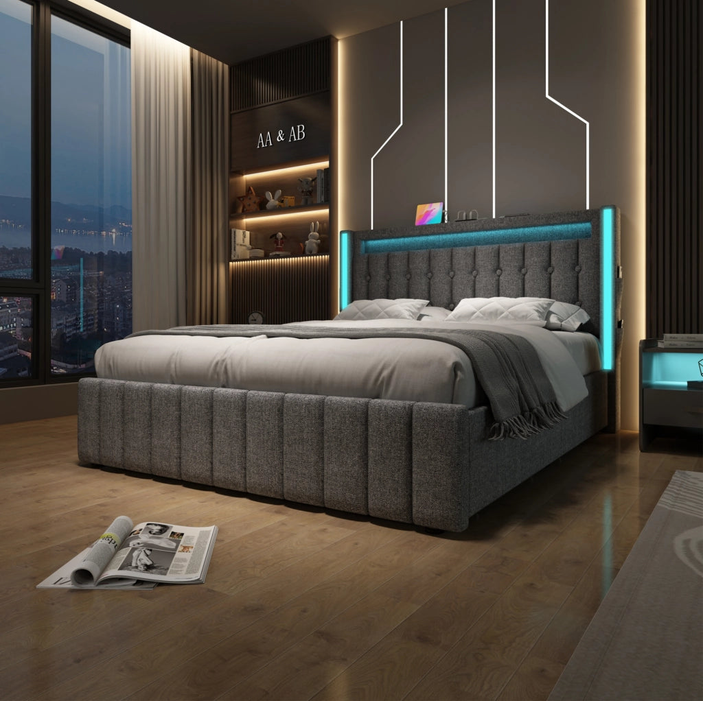 Letto imbottito ULEVR 160x200 cm grigio con 4 cassetti, LED, 3 USB e Type-C