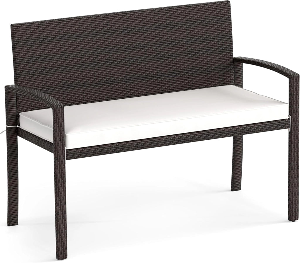 Panca da Giardino 2 Persone in Rattan, Panca da Esterno con Cuscino di Seduta Rimovibile, Struttura in Metallo, Carico 360 kg, Schienale e Braccioli, per Veranda, Giardino, Balcone, Terrazza