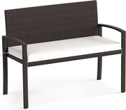 Panca da Giardino 2 Persone in Rattan, Panca da Esterno con Cuscino di Seduta Rimovibile, Struttura in Metallo, Carico 360 kg, Schienale e Braccioli, per Veranda, Giardino, Balcone, Terrazza