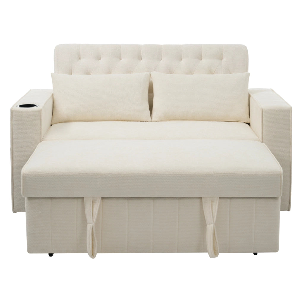Divano letto 2 posti in chenille beige 140x137x84 cm con USB e schienale reclinabile