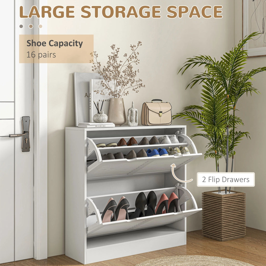 EasyComfort Mobile Scarpiera Salvaspazio in Legno per 16 Paia di Scarpe con 2 Ante a Ribalta, 81.5x25x83cm, Bianco