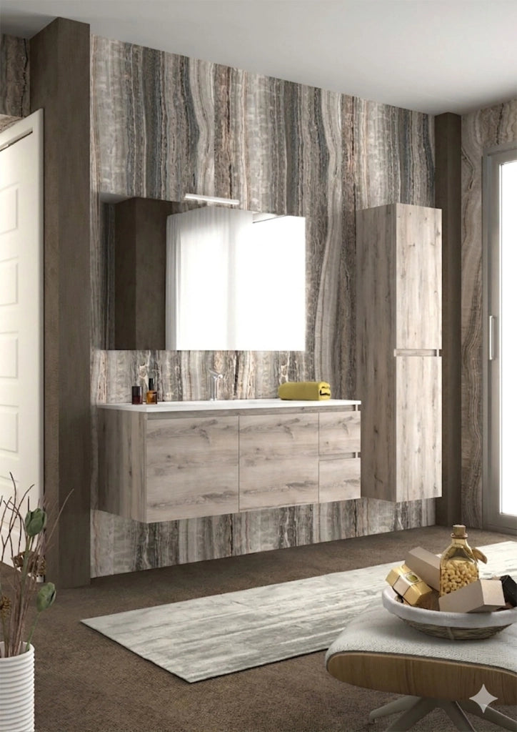 Mobile da Bagno Sospeso con Lavabo 100 cm e Specchio Bali Light 2+2 Rovere Naturale