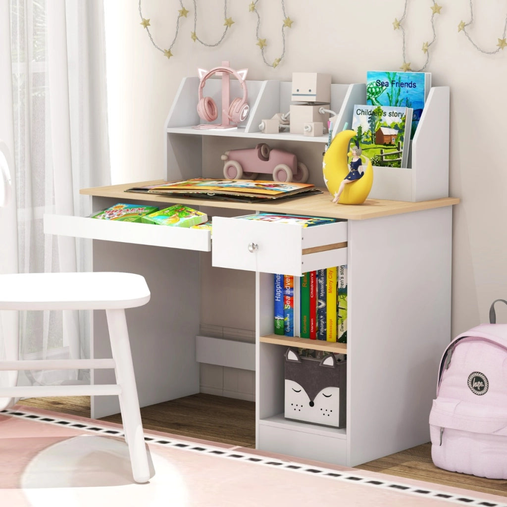 Scrivania da studio in legno per bambini e adolescenti, Postazione per computer con vetrina libreria cassetto Naturale-Scrivanie