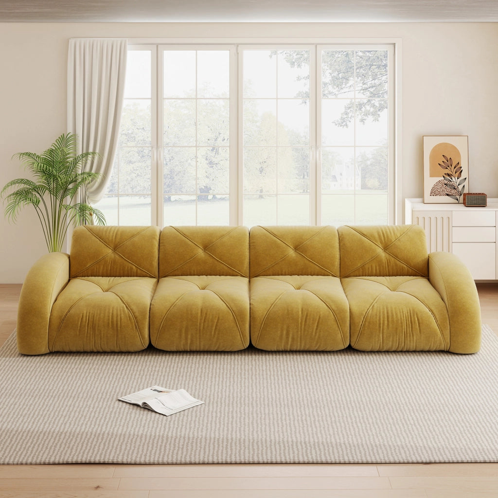 Divano modulare a 4 posti senza telaio con schiuma 32D e tessuto chenille antiscivolo giallo 358 × 95 × 76 cm