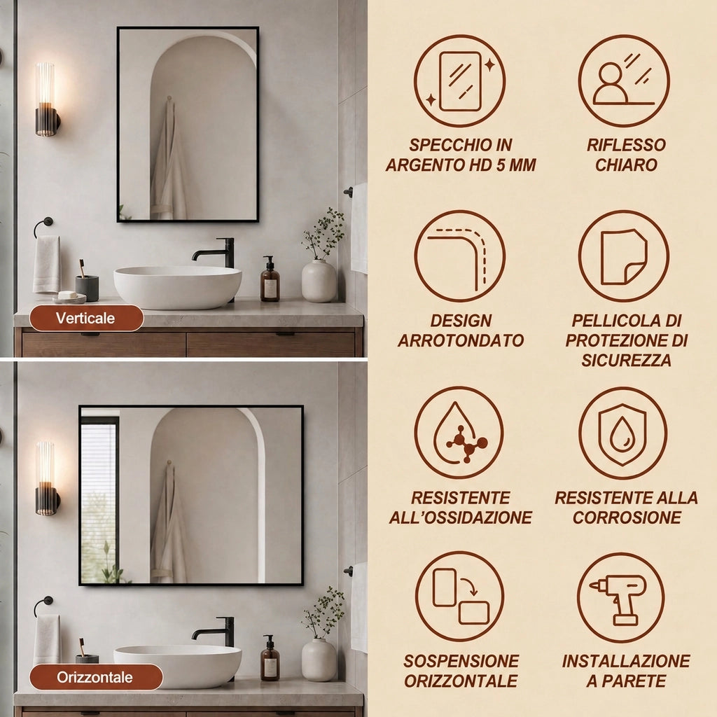 Specchio bagno 50x70 cm con cornice in alluminio nero; specchio senza rame hd