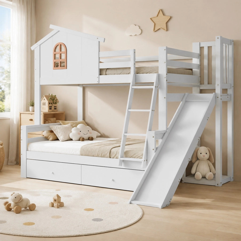 Letto a castello bianco con scivolo; scala inclinata e cassetti 90x200 e 120x200 cm