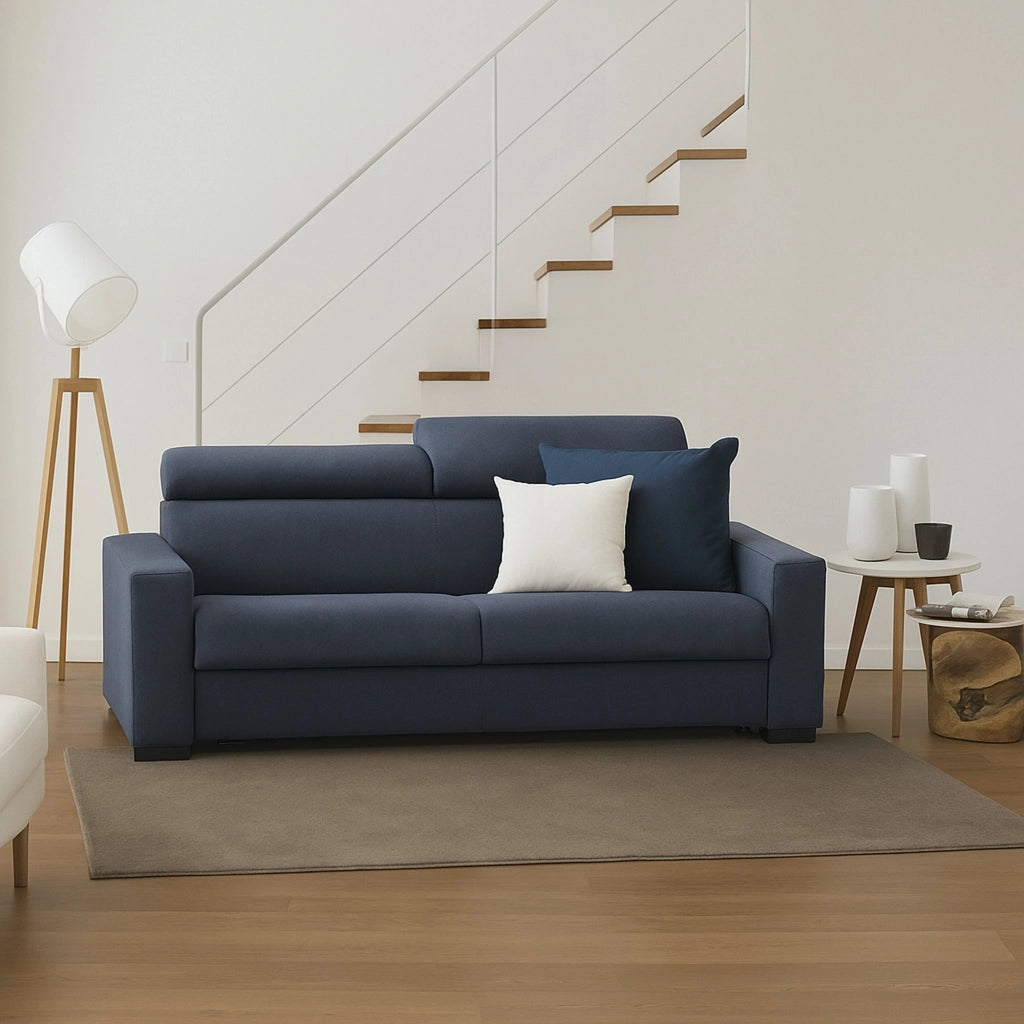 Divano fisso Matrice, Divano a 3 posti, Made in Italy, SofÒ  Soggiorno, in tessuto imbottito, con poggiatesta regolabili e Braccioli standard, cm 220x95h85, Blu