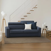 Divano fisso Matrice, Divano a 3 posti, Made in Italy, SofÒ  Soggiorno, in tessuto imbottito, con poggiatesta regolabili e Braccioli standard, cm 220x95h85, Blu