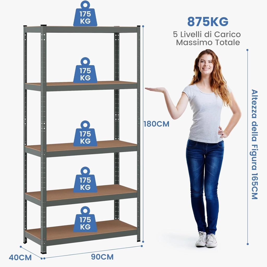 Scaffale con 5 Livelli, Scaffale per Garage Resistente con Altezza Mensole Regolabile, Capacità di Peso Totale 875 kg, Senza Bulloni, Uso Versatile 90x40x180cm (Grigio)
