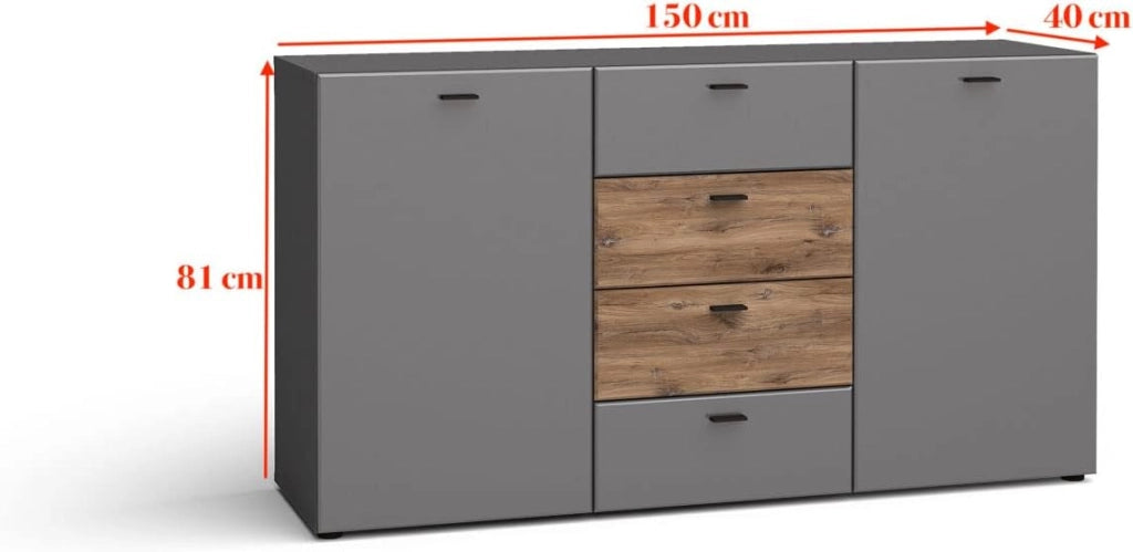 Mobile Comò soggiorno Mila buffet con 2A 4C cm150x40x81h  grafite opaca rovere