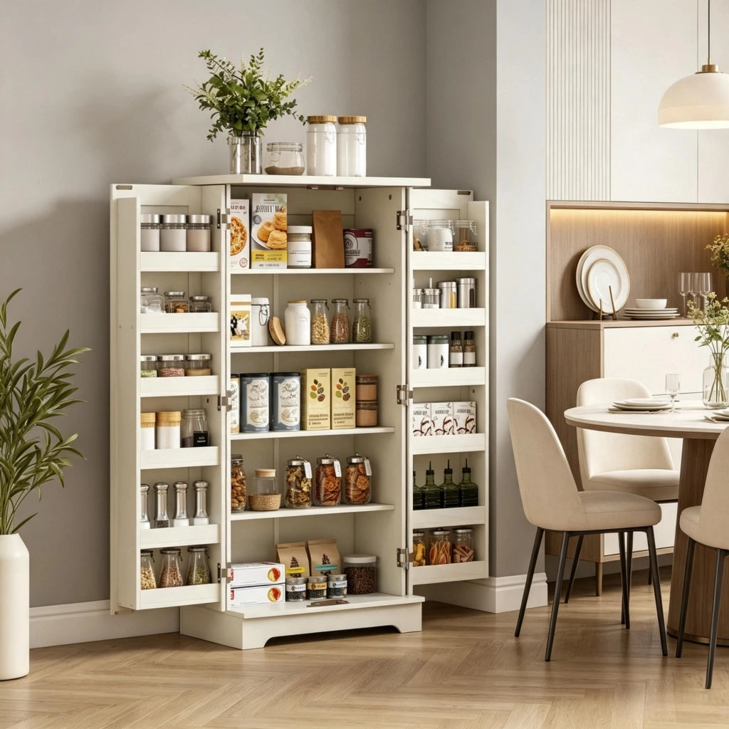 Ampio mobile da cucina, dispensa con scomparti ben organizzati, elegante mobile contenitore