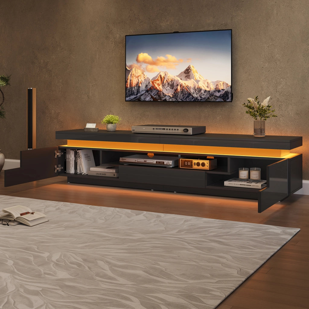 Mobile TV da soggiorno 175 x 38 x 45 cm con 2 vani a L, 1 cassetto e LED, nero lucido, per TV fino a 75 pollici