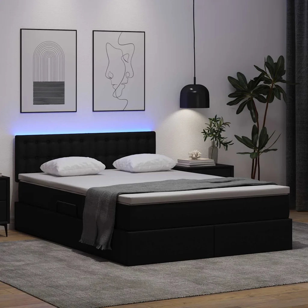 Letto con contenitore e LED Nero 140 x 200 cm Pelle Sintetica