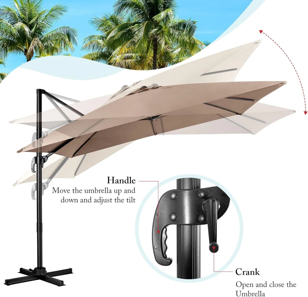 Ombrellone da giardino, 300 cm, pieghevole e regolabile in altezza, da balcone, rettangolare, da spiaggia con base a croce, ombrellone stabile e di alta qualità, marrone, 300 x 300 cm