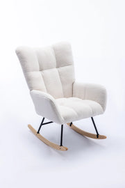 Poltrona a dondolo in tessuto teddy con schienale ergonomico e base in legno, per soggiorno e cameretta, bianco