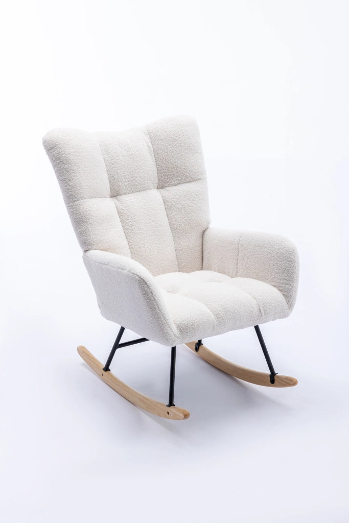 Poltrona a dondolo in tessuto teddy con schienale ergonomico e base in legno, per soggiorno e cameretta, bianco