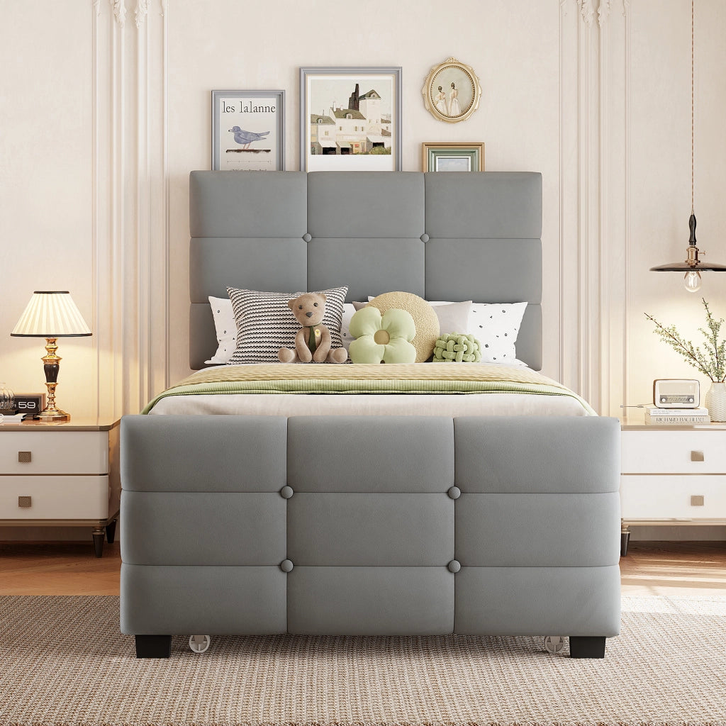 LETTO per bambini 90x190 cm con letto estraibile in velluto grigio