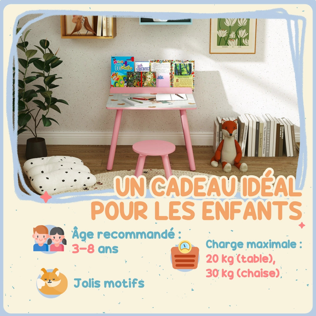 Tavolo e sedie bambini con porta-libri ¨C zephmum ¨C rosa, orsetti, 3-8 anni