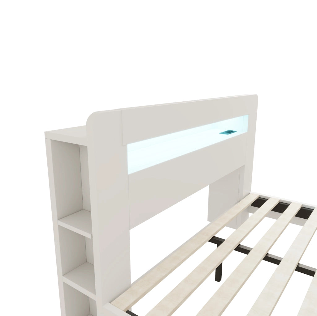 Letto multifunzione in legno 140x200 cm con testiera contenitiva, LED e prese