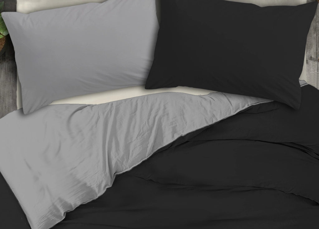 Copripiumino No Stiro Tinta Unita Bicolor Microfibra Effetto Manopesca Francesca - Matrimoniale - Nero-Grigio