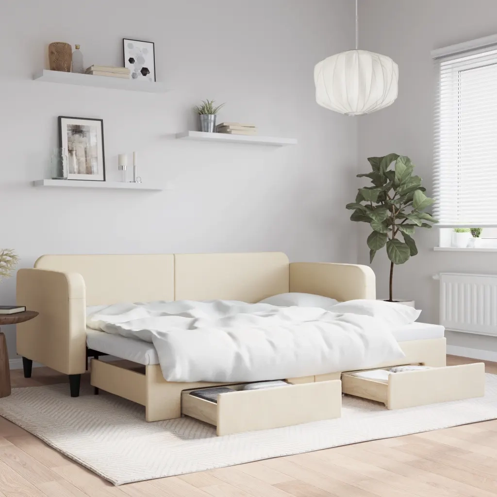 Divano letto | Sof¨¤ letto | Letto singolo Estraibile con Cassetti Crema 80x200 cm in Tessuto