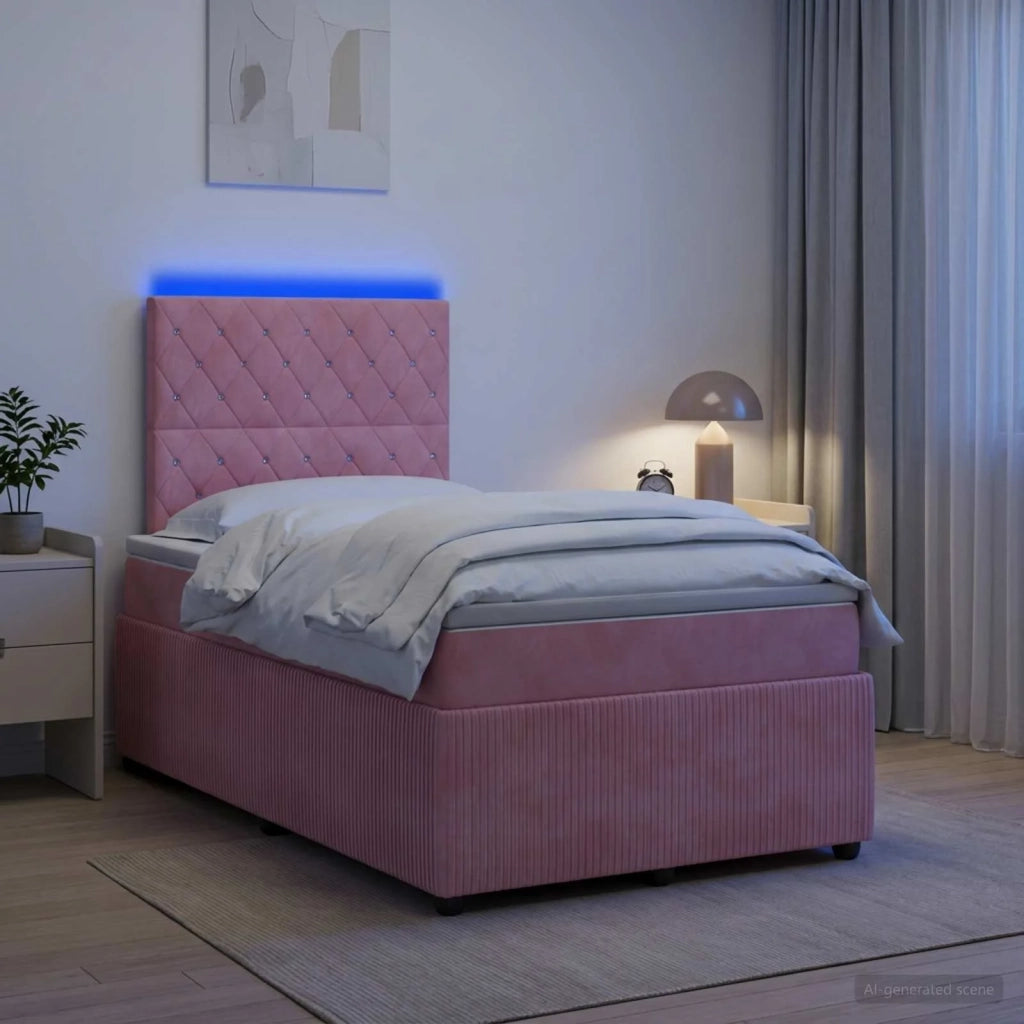 Letto Box Spring LED con Materasso Rosa 120 x 200 cm Velluto 3456046