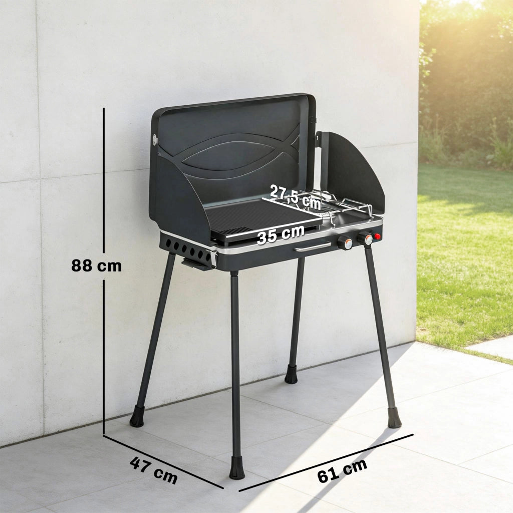 Grill a gas portatile 2 bruciatori ¨C zephmum ¨C 2-in-1 tavolo con coperchio e vento