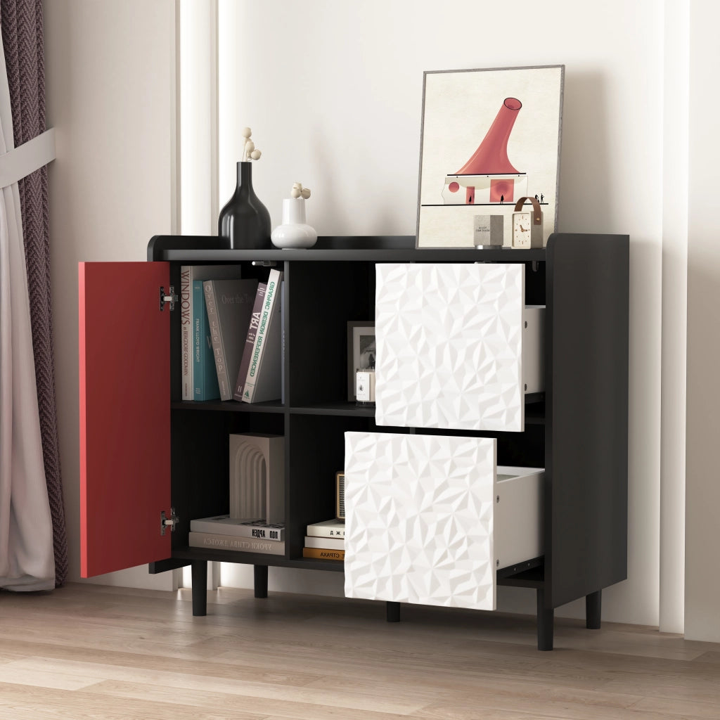 Credenza con 2 Cassetti; 2 Vani a Giorno e 2 Ante; Stile Moderno; in MDF; Nero e Rosso; 90??40??80 cm