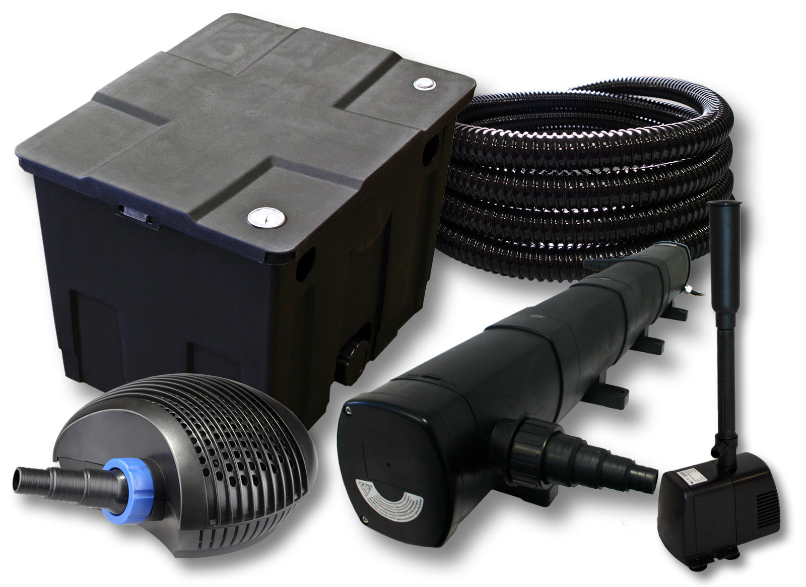 Set filtro per laghetto da 12000l Chiarificatore 72W Pompa CTF ECO 40W Tubo 25m Fontana