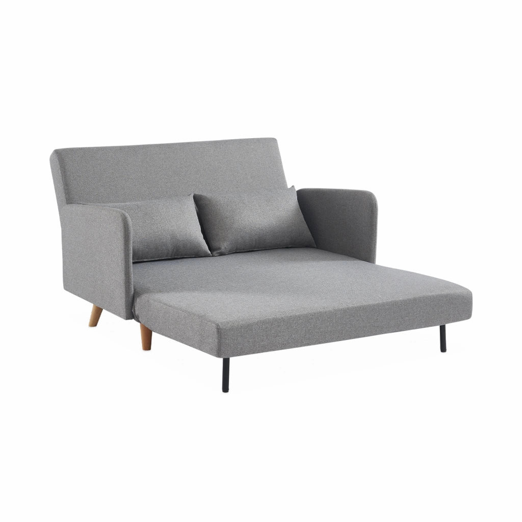 Divano letto clic-clac in tessuto con gambe in legno, 2 posti, grigio