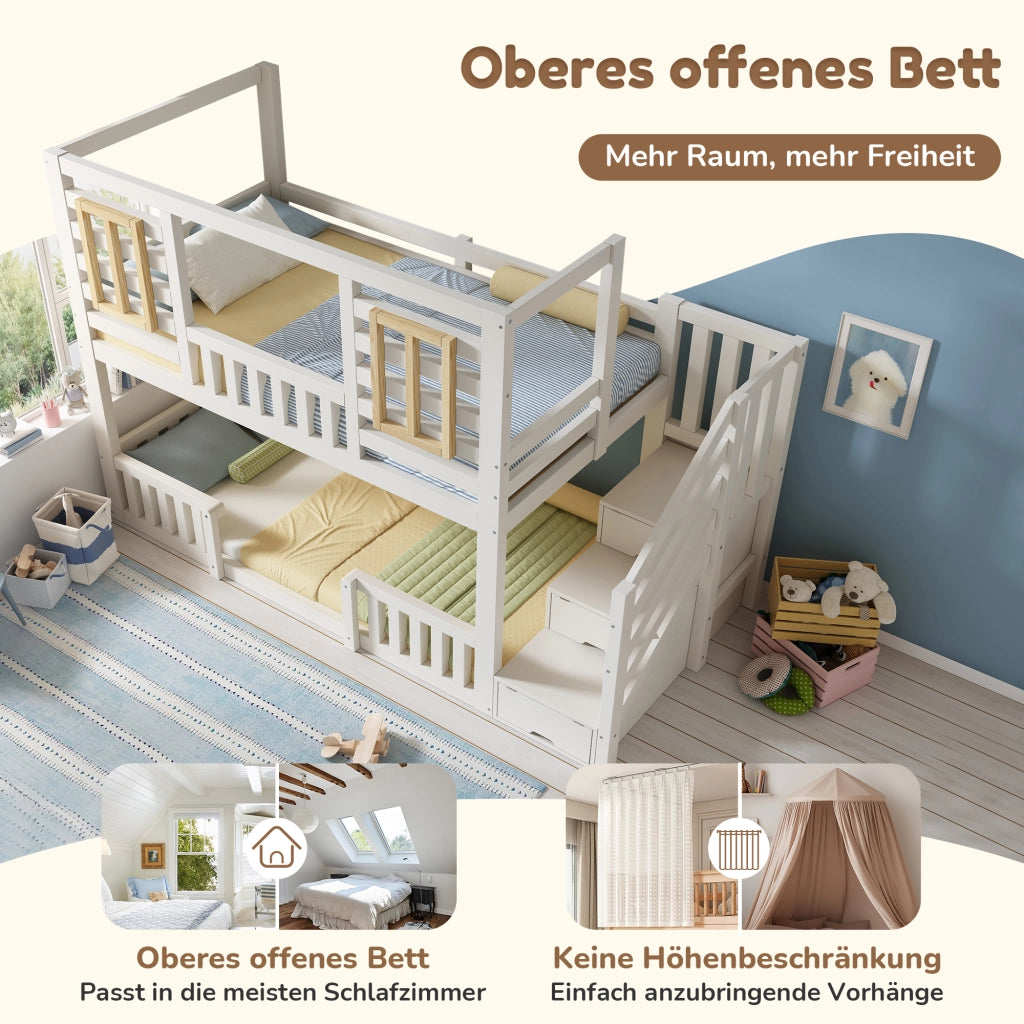 Letto a castello per bambini 90 × 200 cm con scala contenitore e finestre, senza materasso, in legno, bianco