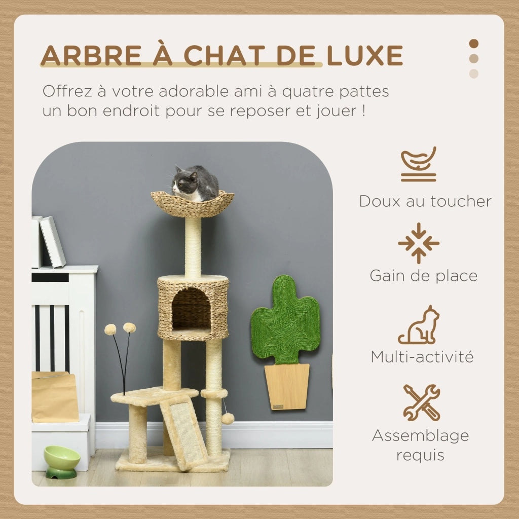 Arbre ¨¤ chat con piattaforme, cesta e pompon ¨C zephmum ¨C beige 116 cm