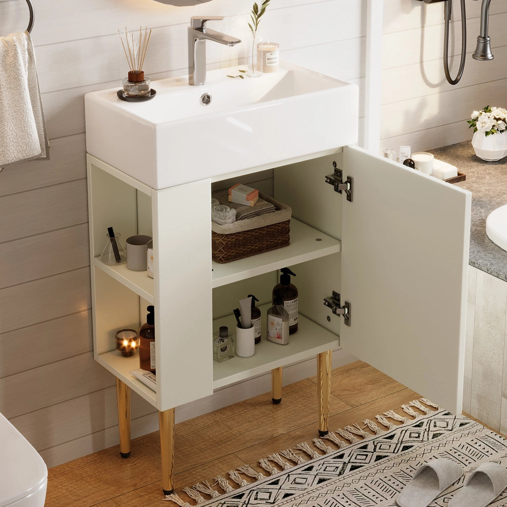 Mobile sottolavabo con lavabo in ceramica e ripiani laterali, per bagni piccoli, bianco, 68,5 × 52,6 × 32,28 cm
