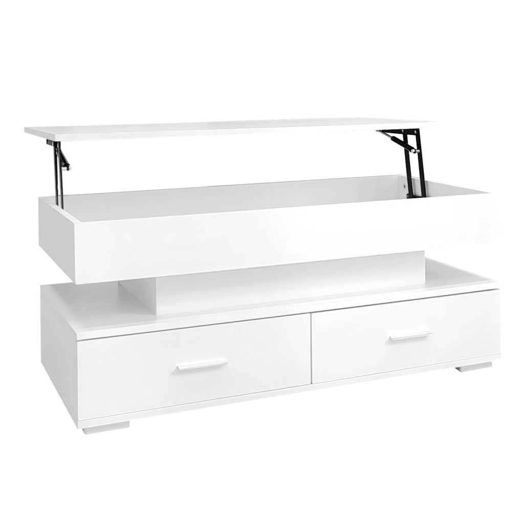 Tavolino da caffè sollevabile 100x50x44 cm bianco con LED; 2 cassetti e vano a vista