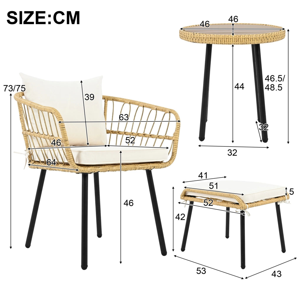 Set da balcone a dondolo 3 pezzi con tavolino in vetro temperato e cuscini beige