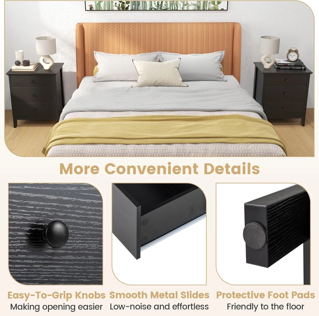 Comodino Camera da Letto con 3 Cassetti, Cassettiera Piccola in Legno, Tavolino da Caffè Elegante per Soggiorno, Ufficio, Studio, 56 x 45 x 66 cm (Nero)