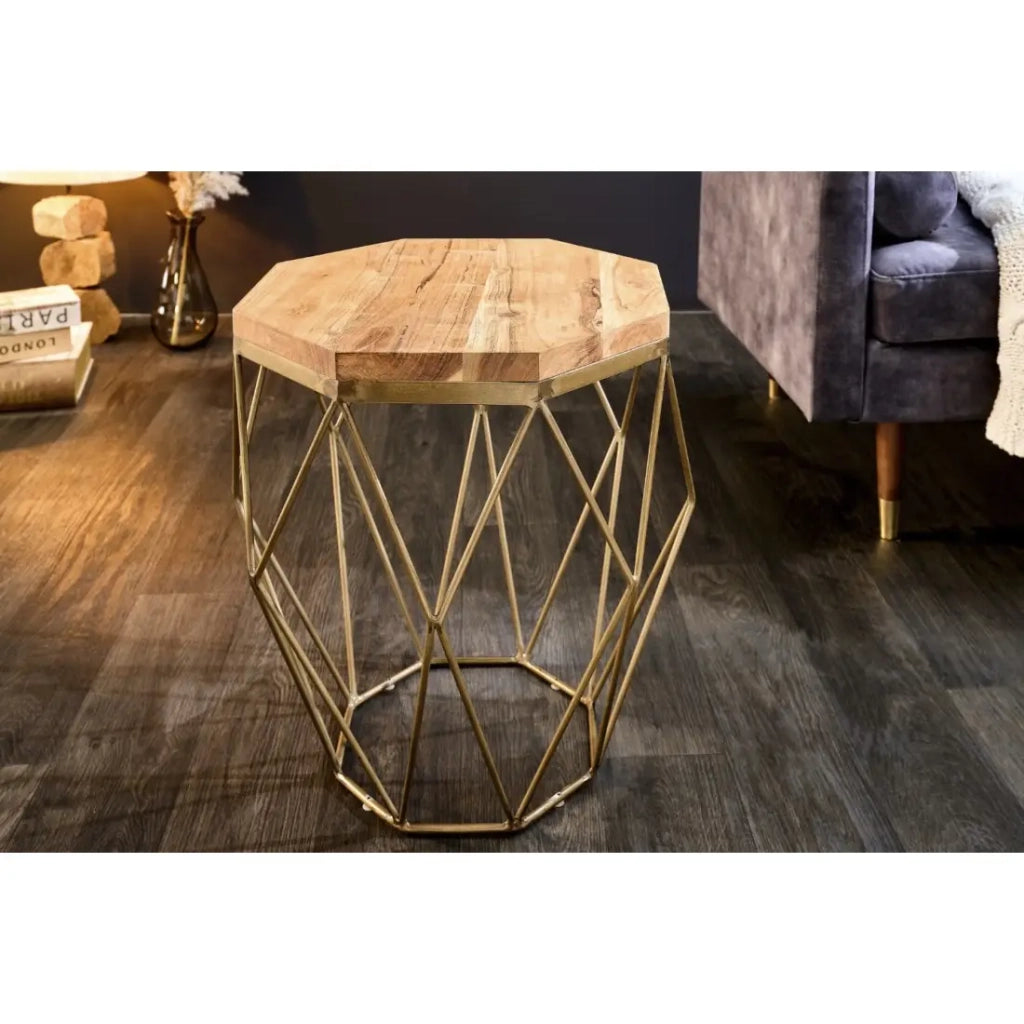 Tavolino basso NEXORA 50 cm aspetto legno di acacia e ferro finitura ottone design geometrico