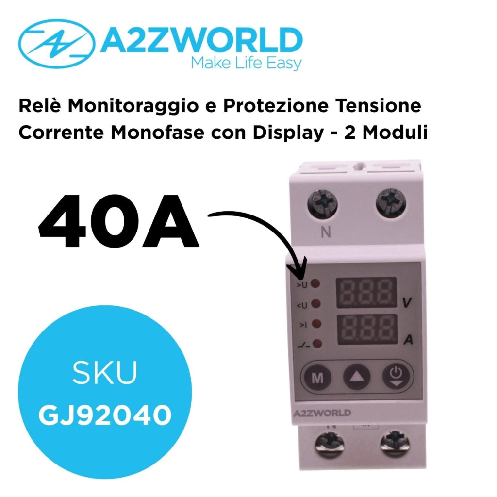 Relè Monitoraggio e Protezione Tensione Corrente con Display, 2P Monofase 40A AC220V, Protezione Sovra/Sottotensione e Sovracorrente, Guida DIN, Ingresso da Sotto, GPS8-02