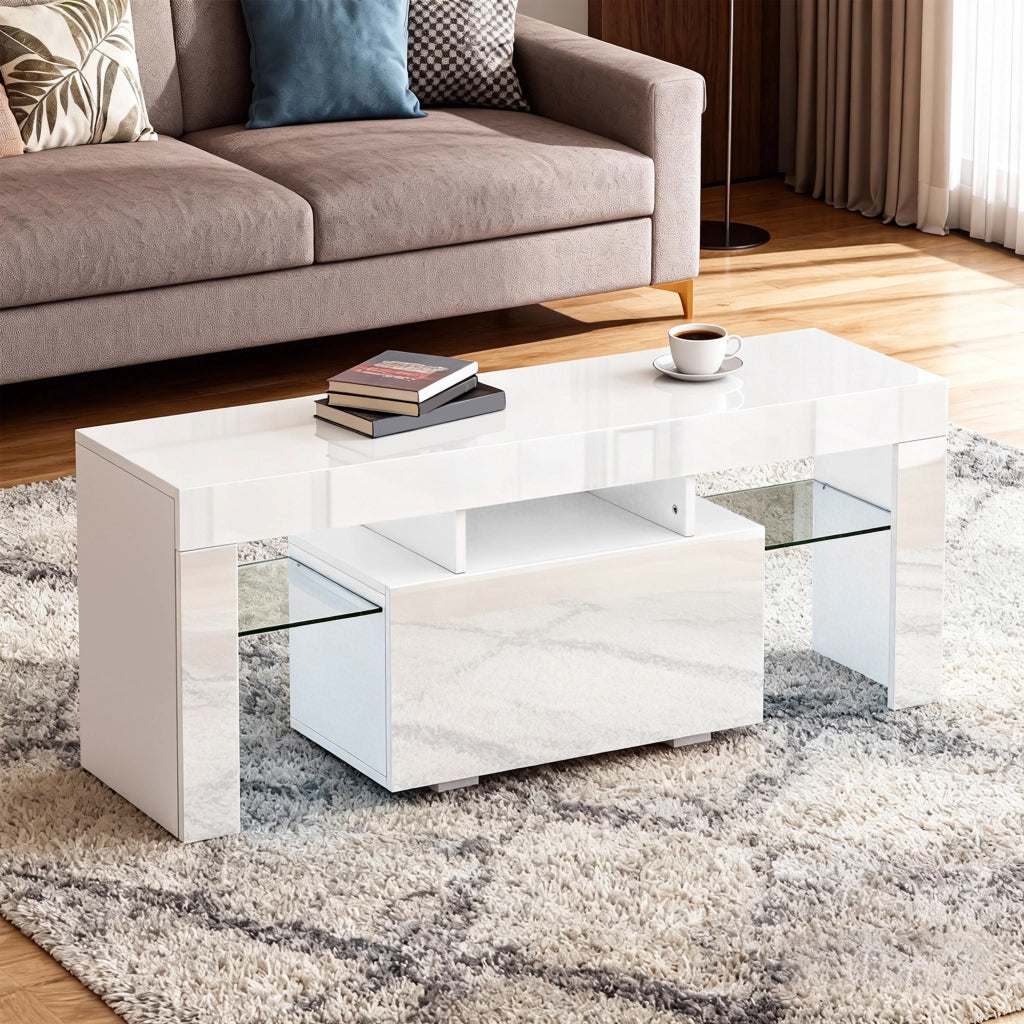 Mobile TV con illuminazione LED, ripiani in vetro temperato, bianco ¨C zephmum ¨C 120x34x45
