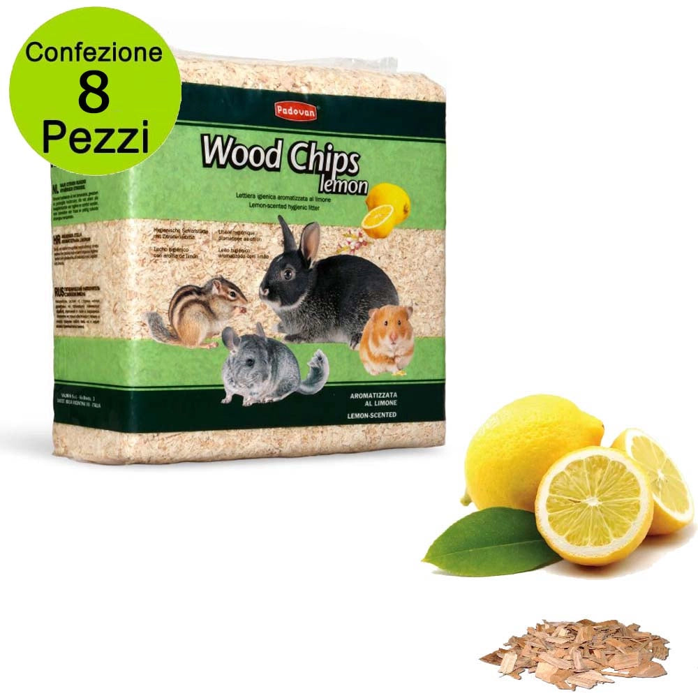 Multipack 8 pz padovan wood chips lemon lettiera igienica aromatizzata al limone 1 kg/14 litri